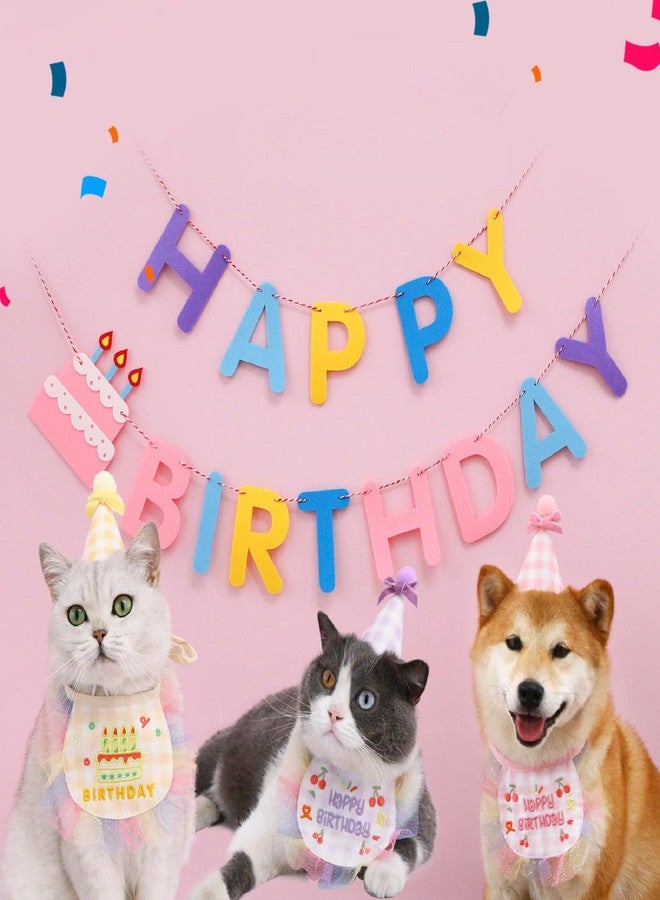 Kunyeah 2Pcs Pet Happy Birthday Hat Scarf Set - Cute Embroidered Cat Bandana Outfit - Cat Plaid Pattern Princess Costumes - Dog Lace Bib - Pet Party Supplies Decoration (Yellow) - Image 4